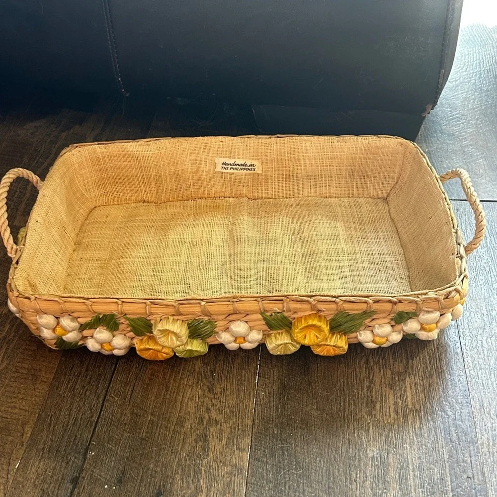 Handmade Philippines Woven Casserole Tray 3D Raffia Floral Embroidered Boho